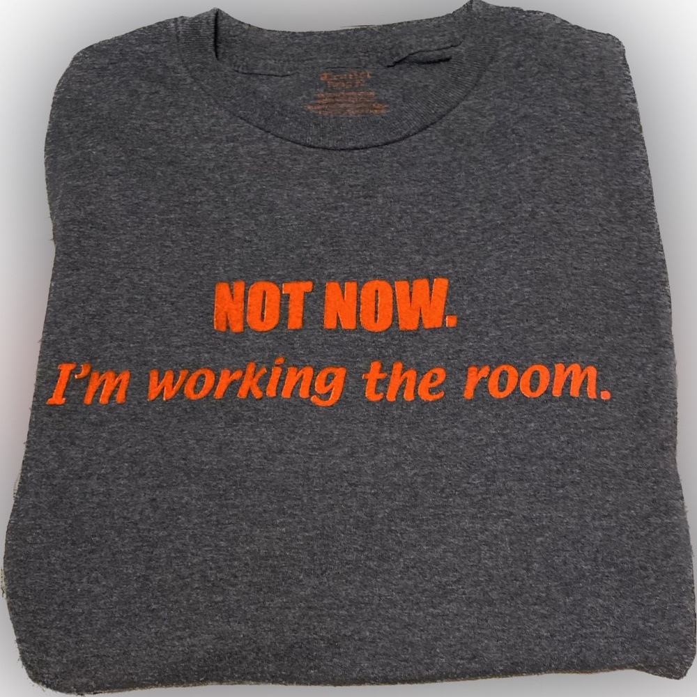 Men's Grey Short Sleeve Tee Shirt Medium "Not Now. I'm working the Room”
